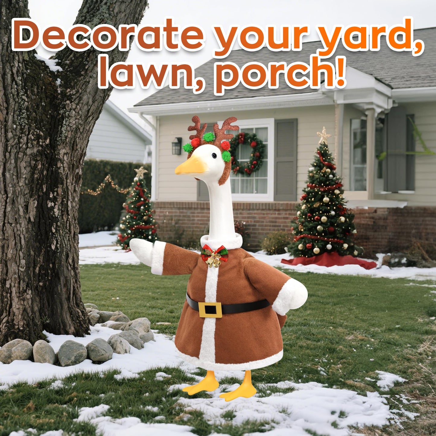 Lodaxu Christmas Porch Goose Outfit for Large 23" High Cement or Plastic Goose Statue, Yard Goose Cloths with Deer Antler Headband, Bell Bow Tie Decor for Outdoor Lawn Gaden Patio