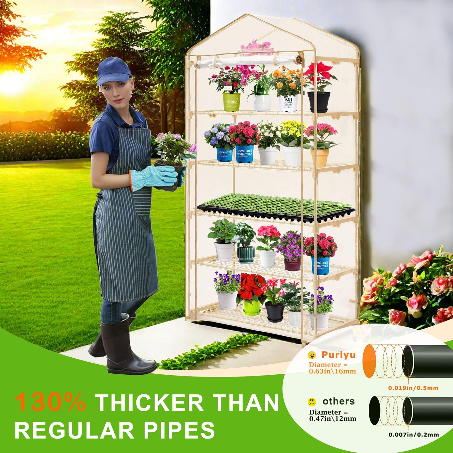 Purlyu Garden 50% Extra Wide Mini Greenhouse 5 Tier Portable Plant Green House 40 in Wide -Sturdy Gardening Shelves with PE Cover & Roll-Up Zipper Door-19″W. x 40″L. x63″H(PLGH1005OWP)