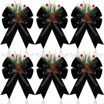 Syhood 6 Pcs Christmas Bows with Pine Cones Pine Needles Black Xmas Velvet Bows Elegant Ribbon Christmas Tree Wreath Decoration for Xmas Parties Indoor Outdoor Crafts DIY Decor