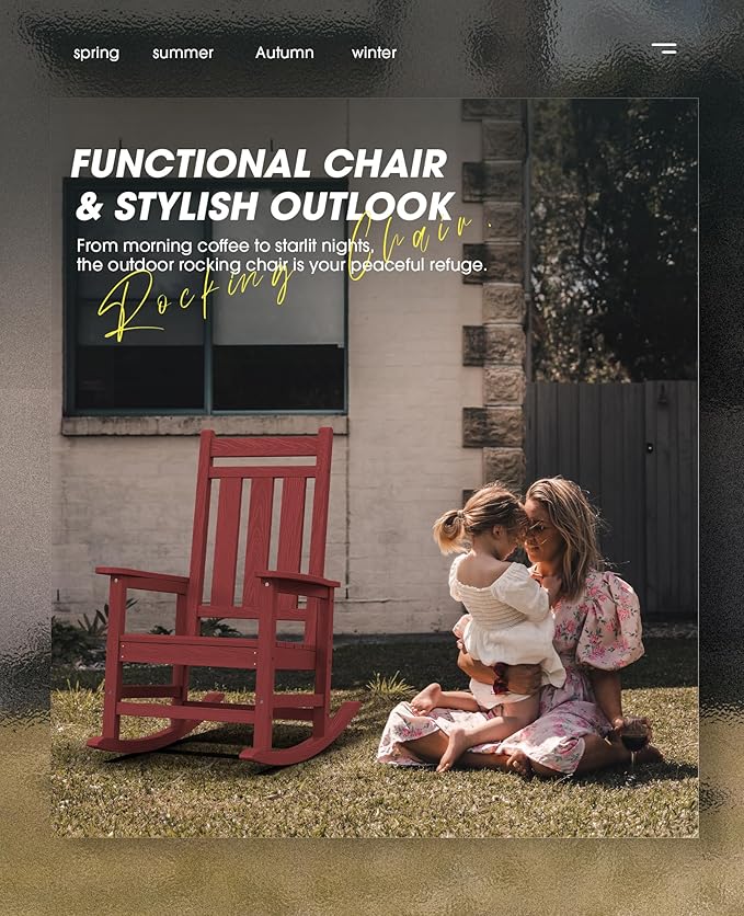 KINGYES Oversized Outdoor Rocking Chair, All-Weather Patio Rocking Chairs for Porch, HDPE Outdoor Patio Rockers with High Back & Wide Seat for Garden, Lawn, Red
