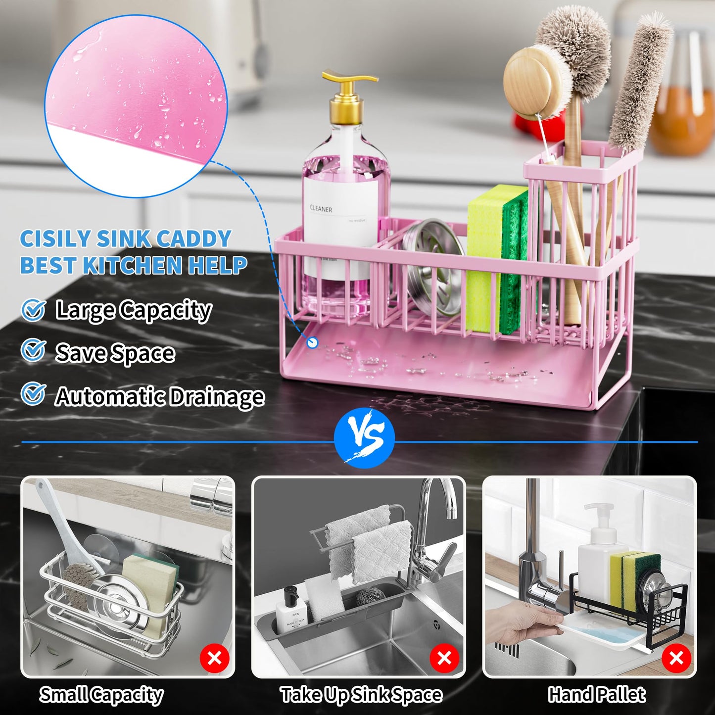 Cisily Kitchen Sink Caddy Organzier with High Brush Holder, Sponge Holder for Sink, 304 Rustproof Stainless, Kitchen Countertop Soap Dispenser Organizer, Kitchen Decor and Accessories