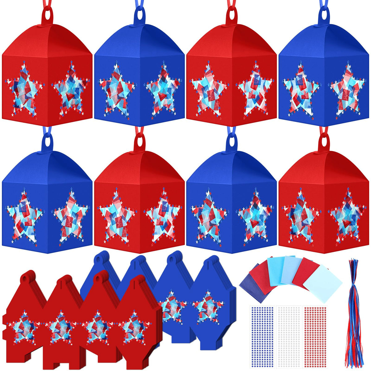 Maitys 16 Sets 4th of July Patriotic Hanging Paper Lantern Craft Kit, 250th Anniversary Red Blue DIY Lantern Ornaments with Stars Design for Independence Day Home Party Decorations