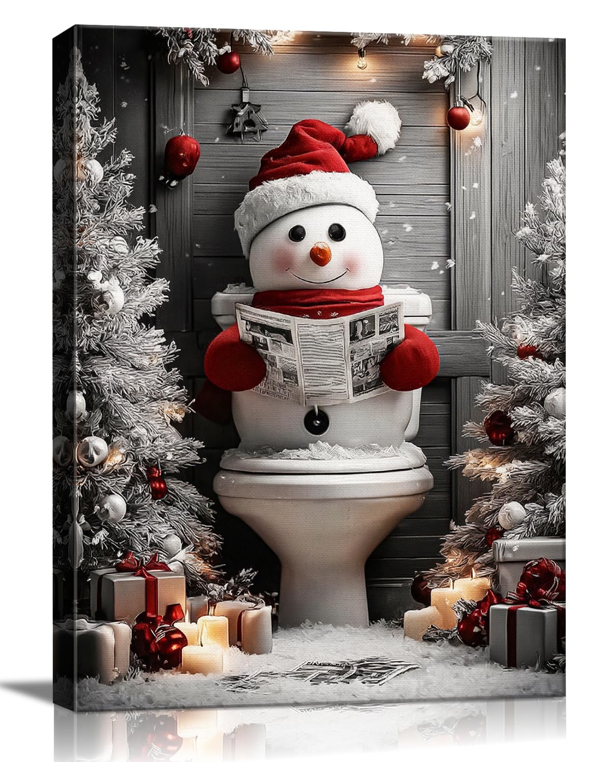 AbcCustomize Funny Snowman Christmas Canvas Wall Art, Snowman Reading on Toilet Canvas Prints, Quirky Bathroom Picture for Humorous Christmas Decorations, Holiday Gifts and Winter Decor