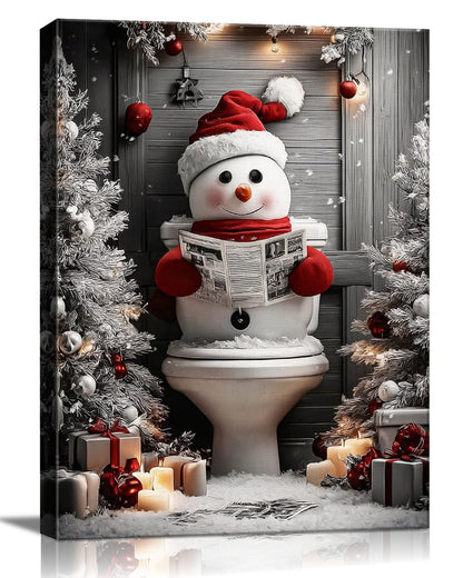 AbcCustomize Funny Snowman Christmas Canvas Wall Art, Snowman Reading on Toilet Canvas Prints, Quirky Bathroom Picture for Humorous Christmas Decorations, Holiday Gifts and Winter Decor