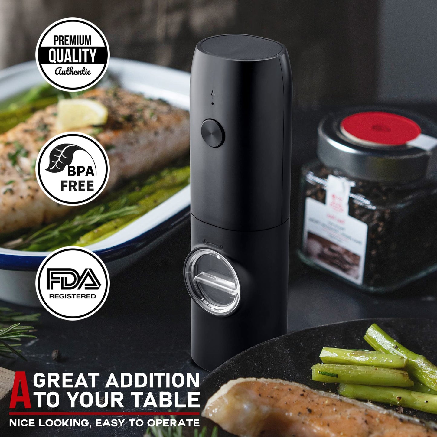 Electric Salt and Pepper Grinder Set of 2, Automatic Pepper Mill,USB Rechargeable, Adjustable Coarseness, One-handed Operation, Ceramic Burr,Refillable, Auto Grinders with Charging Base LED Light