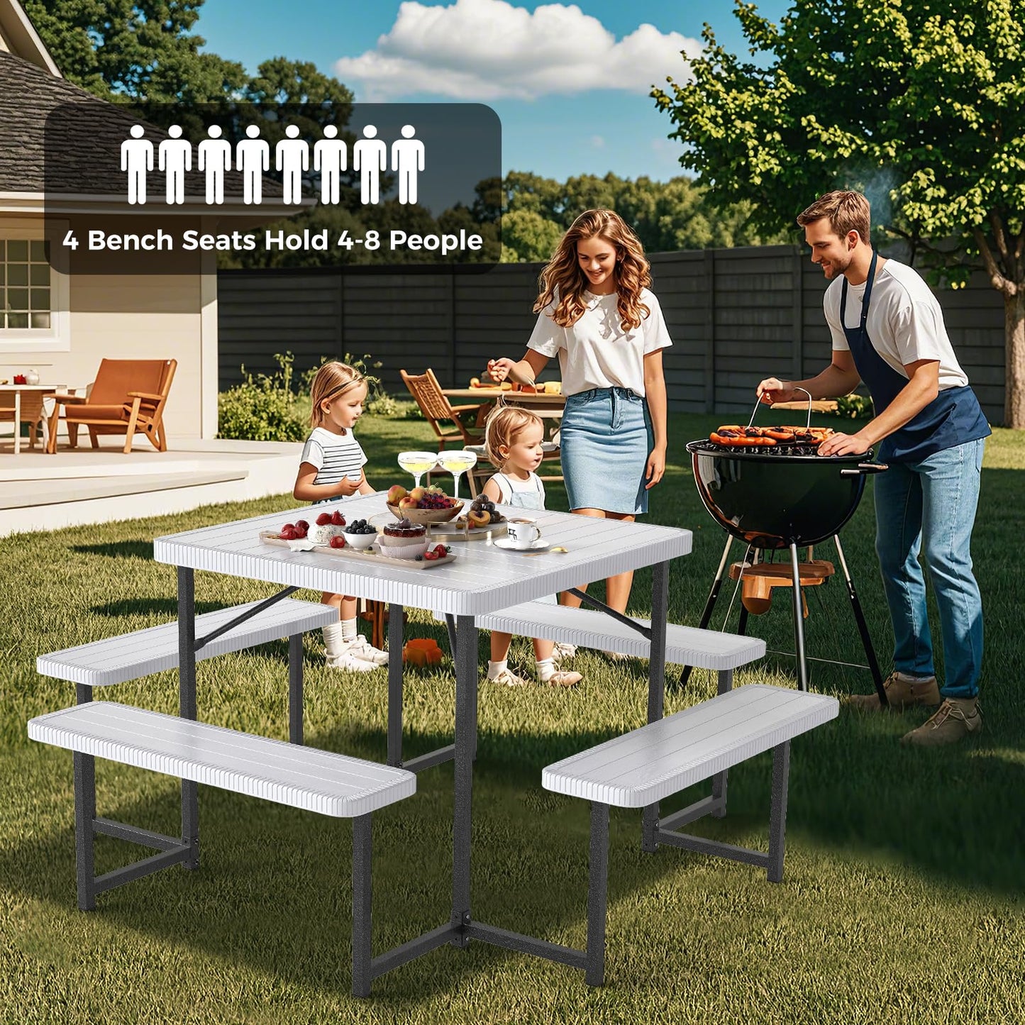 Giantex Picnic Table Bench Set for 4-8 People, 34" Outdoor Square Dining Table & 2 Benches w/Umbrella Hole, HDPE Tabletop, Metal Frame, Patio Camping Furniture for Backyard Porch Lawn (White,Square)