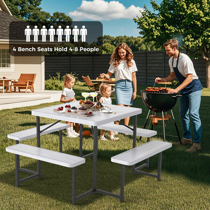 Giantex Picnic Table Bench Set for 4-8 People, 34" Outdoor Square Dining Table & 2 Benches w/Umbrella Hole, HDPE Tabletop, Metal Frame, Patio Camping Furniture for Backyard Porch Lawn (White,Square)