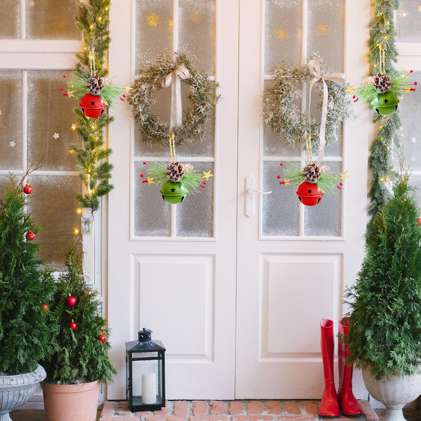 4 Pack Christmas Hanging Jingle Bells Ornaments, Red and Green 3.5 Inch Metal Bells with Frosted Pinecones, Snowy Pine Leaves and Berries, Rustic Xmas Decorations for Tree, Door, Fireplace Party Décor