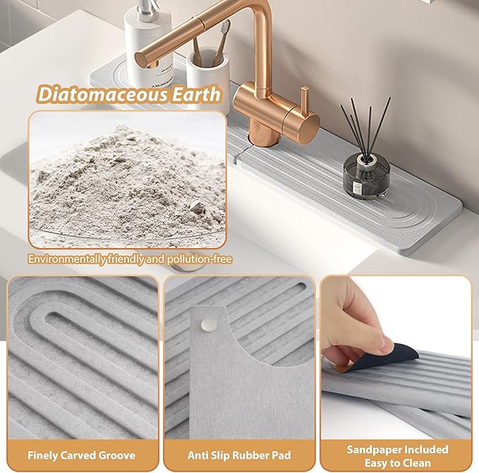 Kitchen Sink Faucet Mat, Diatomaceous Earth Quick Dry Sink Splashback Drying Mat