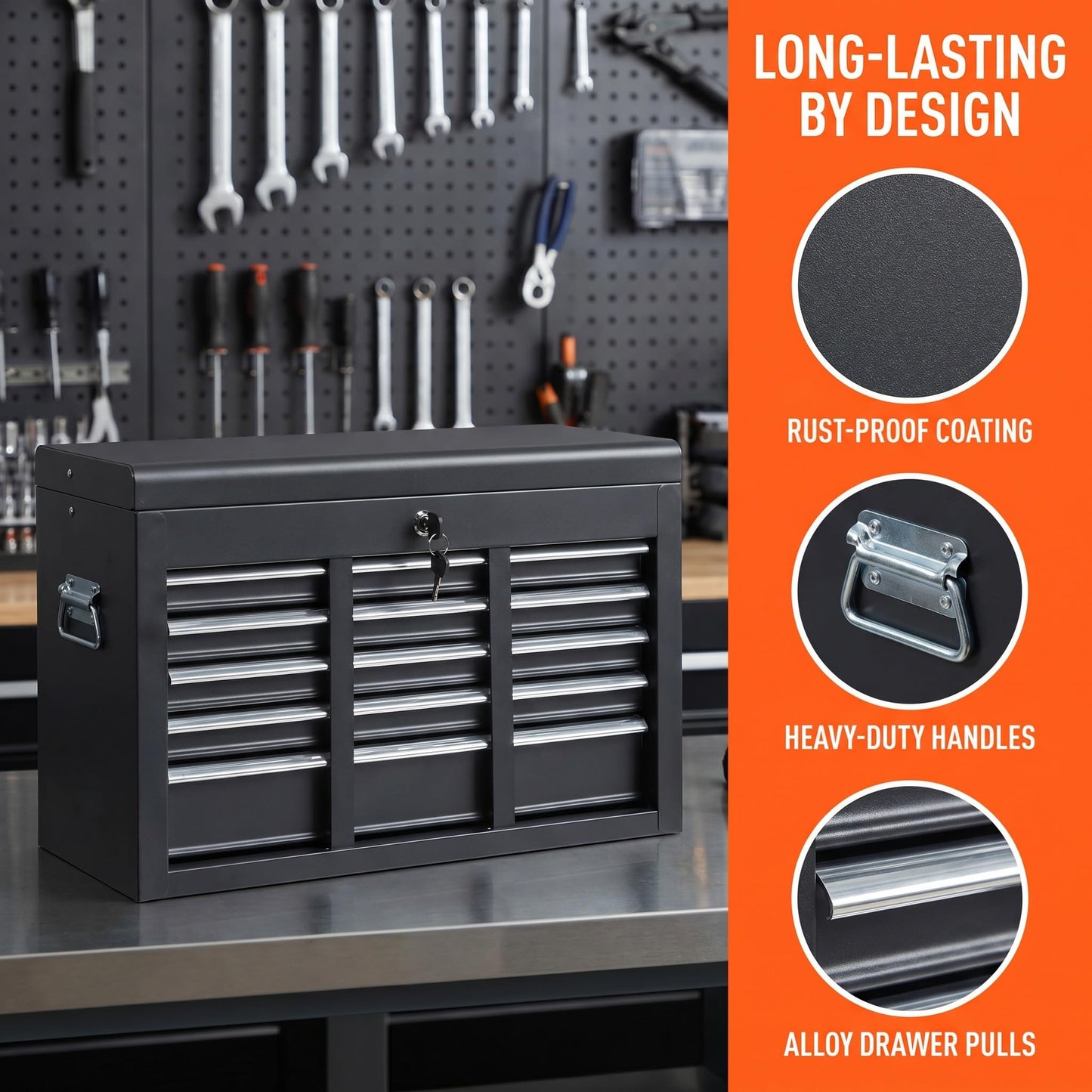 Winado 24" Portable Metal Tool Box, 5 Drawers Toolbox with Top Storage Tray, Carry Handle, Ball Bearing Runners, Lockable Tool Chest Cabinet for Garage, Warehouse, Repair Shop & Home, Black