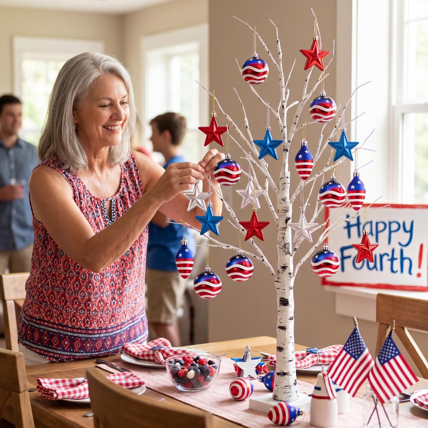 Chicmount 100 Pcs 4th of July Tree Decorations Set Plastic July 4th Patriotic Hanging Ornaments Independence Days Patriotic Star for Home Wedding Dinner Gifts Table Tiered Tray Decor