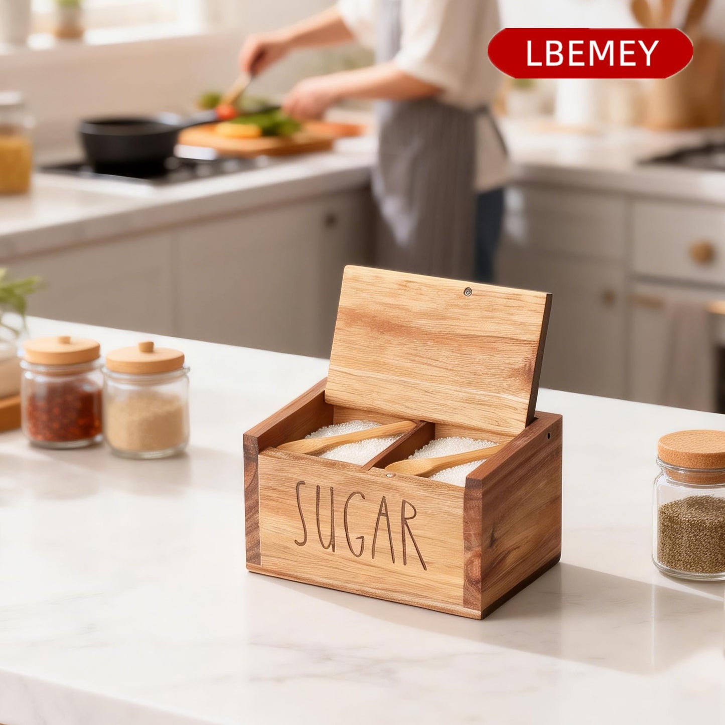 Acacia Wood Spice Box with Lid and Built-in Spoon for Kitchen Countertop, Rectangle Farmhouse Kitchen Decoror for Storing Salt, Peppers, Sugar or Seasonings, Brown (Labeled - “SUGAR”)