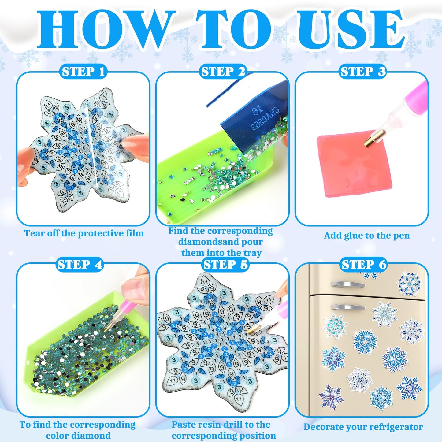 Copkim 20 Pcs Winter Christmas Diamond Art Magnets Winter Fridge Magnet Diamond Painting Snowflake 5D DIY Art Decals Craft for Xmas Ornaments Family Decor