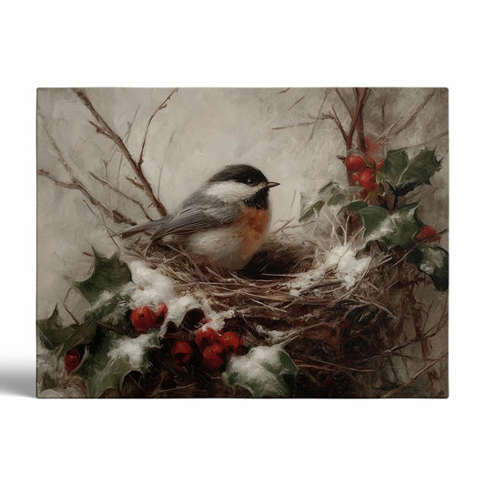 Chickadee Bird Nest Wall Art,Rustic Winter Bird Portrait Print,Vintage Christmas Holiday Decor,Moody Winter Farm Print24x36inch Framed Art