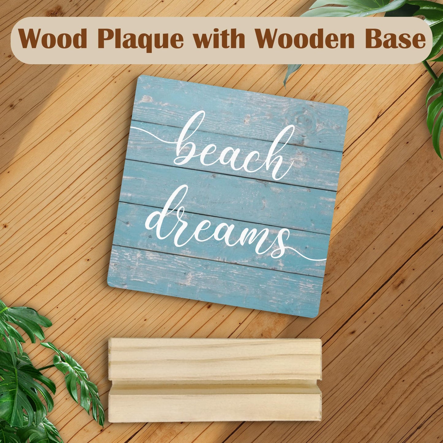 Mfyossrll Beach Desk Decor, Beach Dreams Decorative Signs & Plaques, Blue Coastal Ocean Nautical Beachy Desk Sign with Wooden Stand for Home Bedroom Office Shelf Table Decor