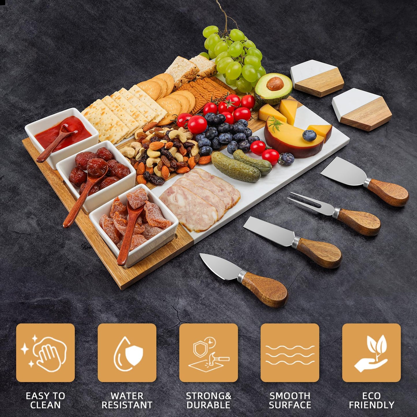 Charcuterie Board Set - Large Marble Cheese Board – Perfect Wood Charcuterie Boards Accessories Housewarming Gifts for New Home, Bridal Shower, New House Gift