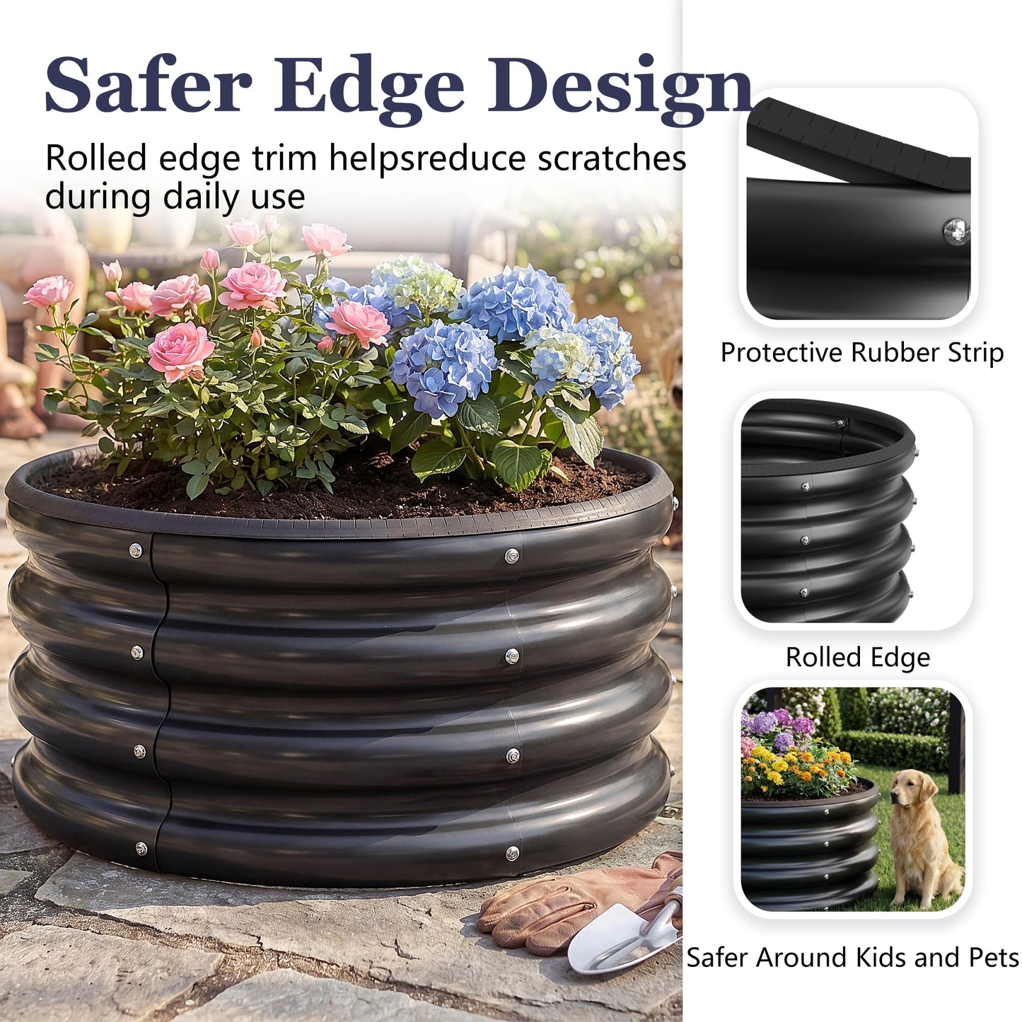 SOCONT 2 x 2 x 1 ft Round Raised Garden Bed, Black 2 Pack 0.6 mm Thick Galvanized Steel Planter Box with Double Layer Paint and Safety Edge Trim for Vegetables Flowers Herbs Outdoor Garden