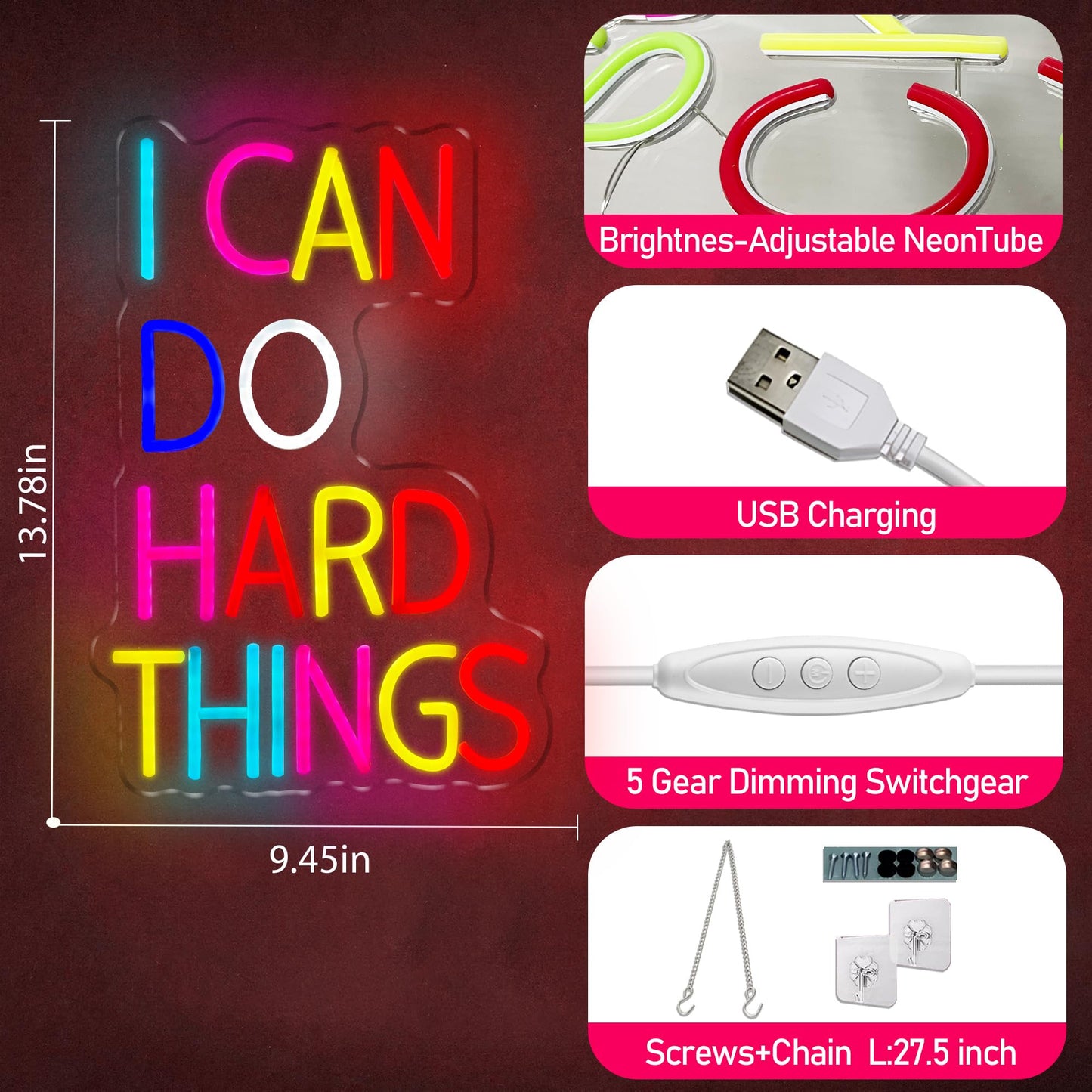 I Can Do Hard Things Neon Sign Dimmable LED USB Powered Neon Light UP for Classroom Wall Decor Art Positive Bedroom Library Study Room Home for Student Kid Teen Birthday Party Christmas Backdrop Decoration Gift (I Can Do Hard Things)