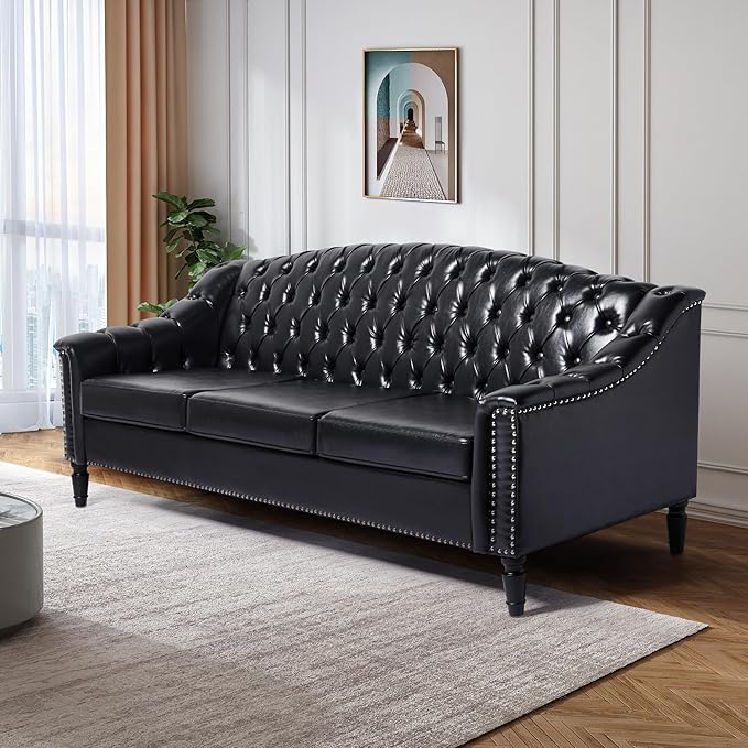 LEVNARY Mid-Century Modern Leather Couch, Chesterfield Sofa Sleeper Settee