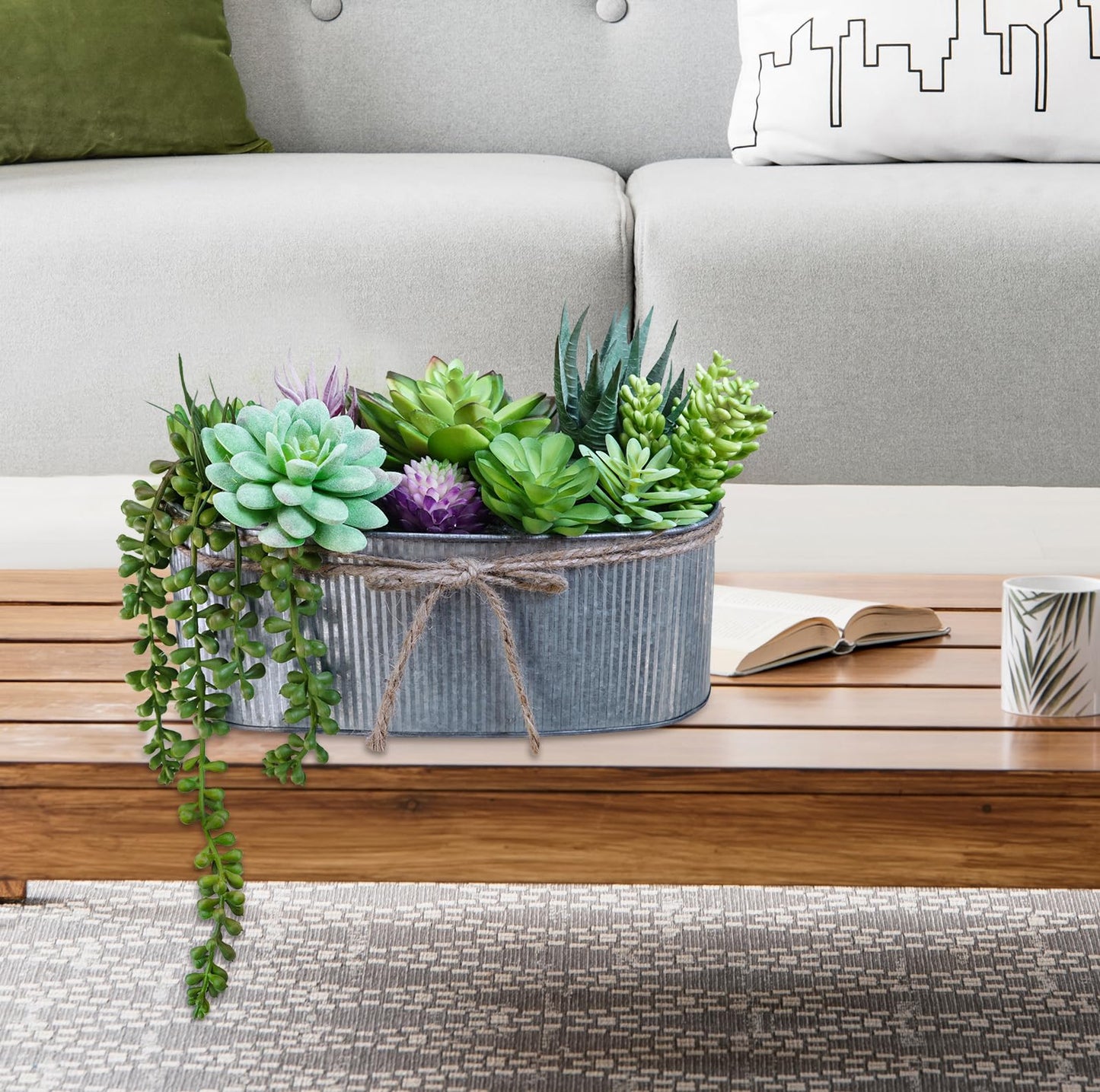 Winlyn 10" Artificial Succulent Arrangement Centerpiece Fake Succulent Plants in Rustic Metal Oval Planter Faux Potted Succulents for Home Office Bedroom Table Windowsill Shelf Mantel Decor