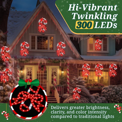 HappyAlley 3 Pack Christmas Window Decorations, 10 in. 300 LED Hi Vibrant Twinkling Lighted Candy Cane Window Light with Bows, Waterproof Outdoor Red and White Candy Cane Decorations for Walls, Porch