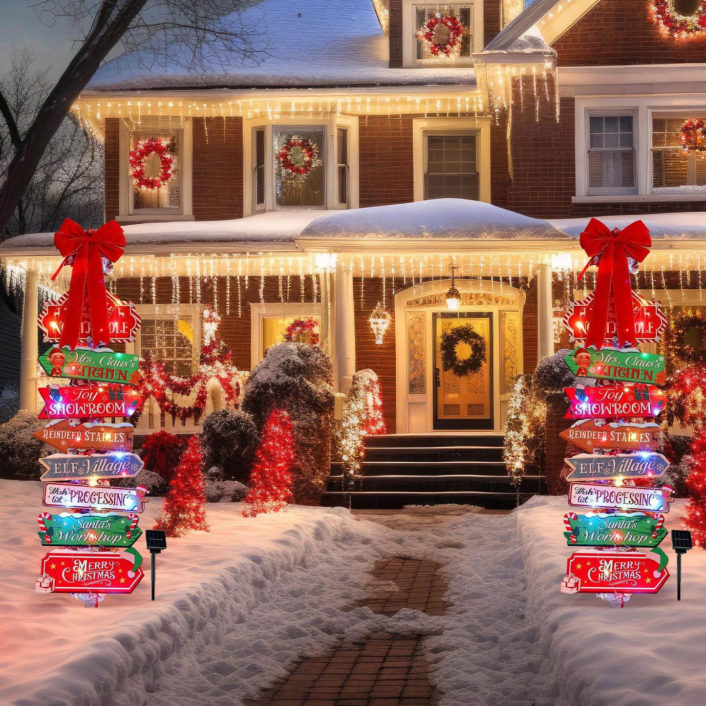Colingmill Christmas Lamp Post Light Decorations with 8 Merry Christmas Yard Wooden Signs 16.4ft 50led Solar Light String 2 Xmas Tinsel Garlands Red Velvet Bow for Outdoor Holiday Post Lamp Yard Decor