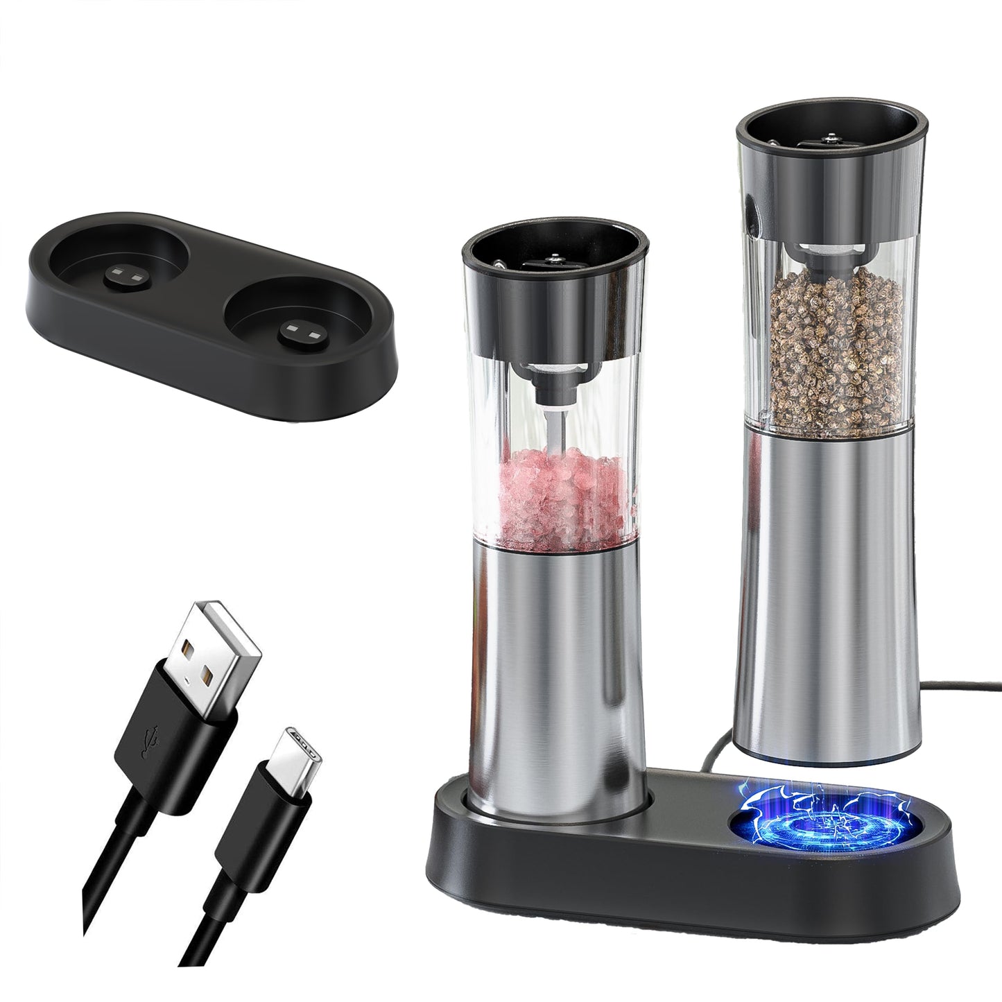 VITSOL Gravity Electric Salt and Pepper Grinder Set, No Battery Needed, One Handed Operation, Automatic Salt & Pepper Mill - Spice Grinder, LED Light (2 Pack) (Stainless Steel Silver)