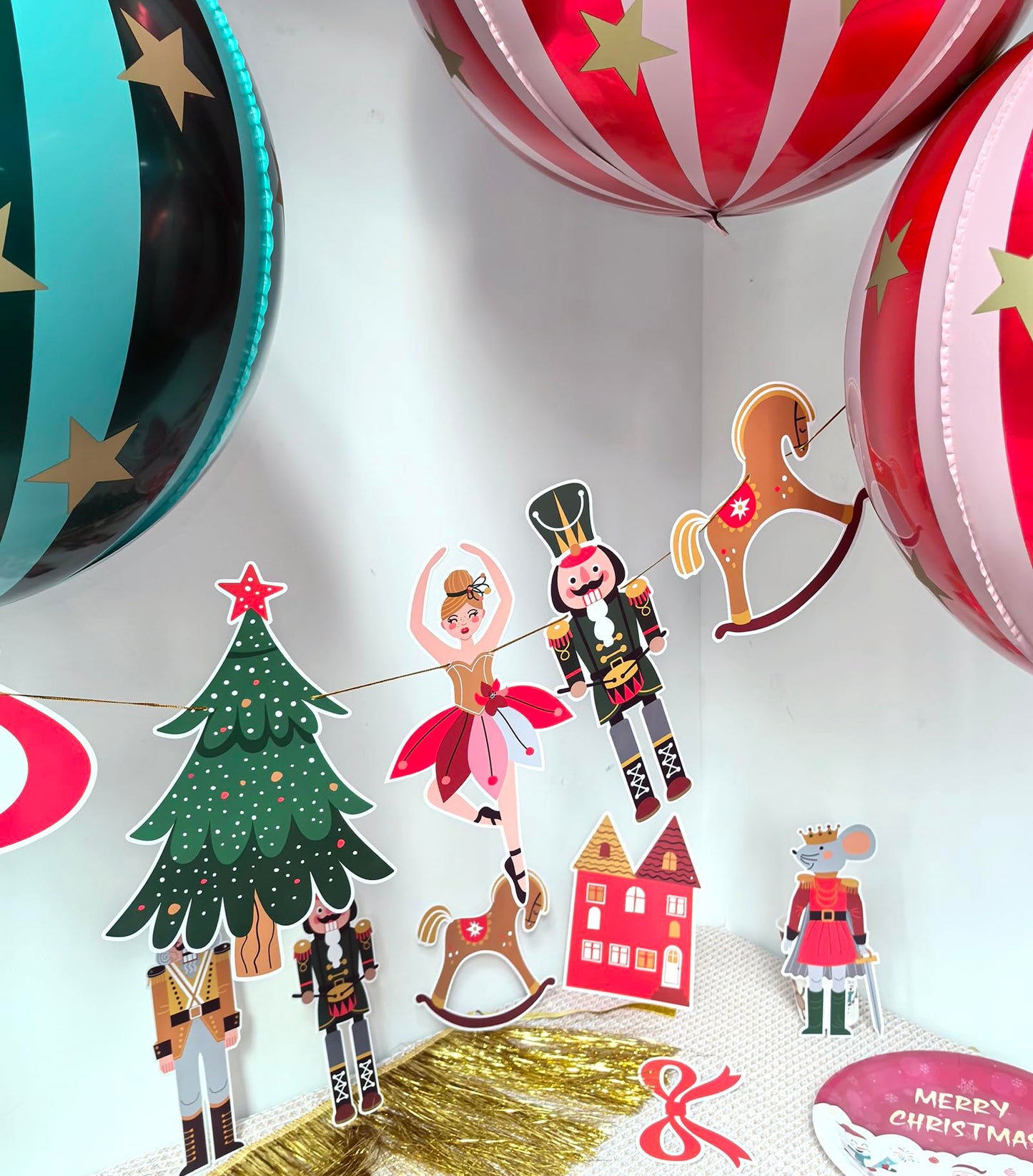 Eanjia Nutcracker Ballet Christmas Banner | Pack of 2|6ft Pre-Strung Satin Bow Garland Red & Green | 8ft DIY Paper Garland Mouse King,Tree, Bell,Castle Cutouts,for Xmas Hanging Sign Décor (Christmas)