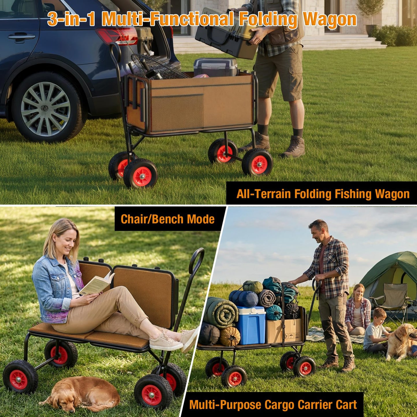 3 in 1 Beach Fishing Cart, Heavy Duty Garden Carts w/All Terrain Inflatable Tires, Folding Wagon Cart, Convert to Chair or Bench with Cushion, Rod Holders and Durable Oxford Bag