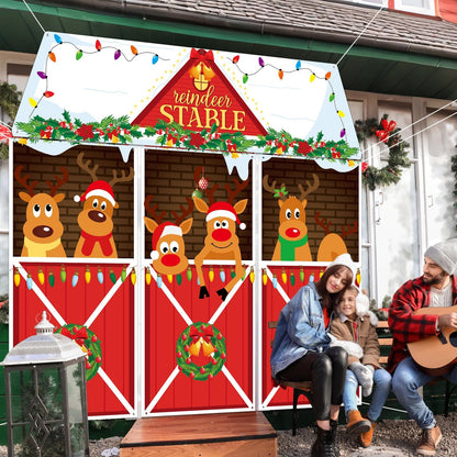 4 Pcs Christmas Deer Door Decorations Xmas Reindeer Stable Door Covers Backdrop Christmas Elk Snowflakes Hanging Banner Porch Sign for Holiday Wall Window Classroom Office Home Party Decor
