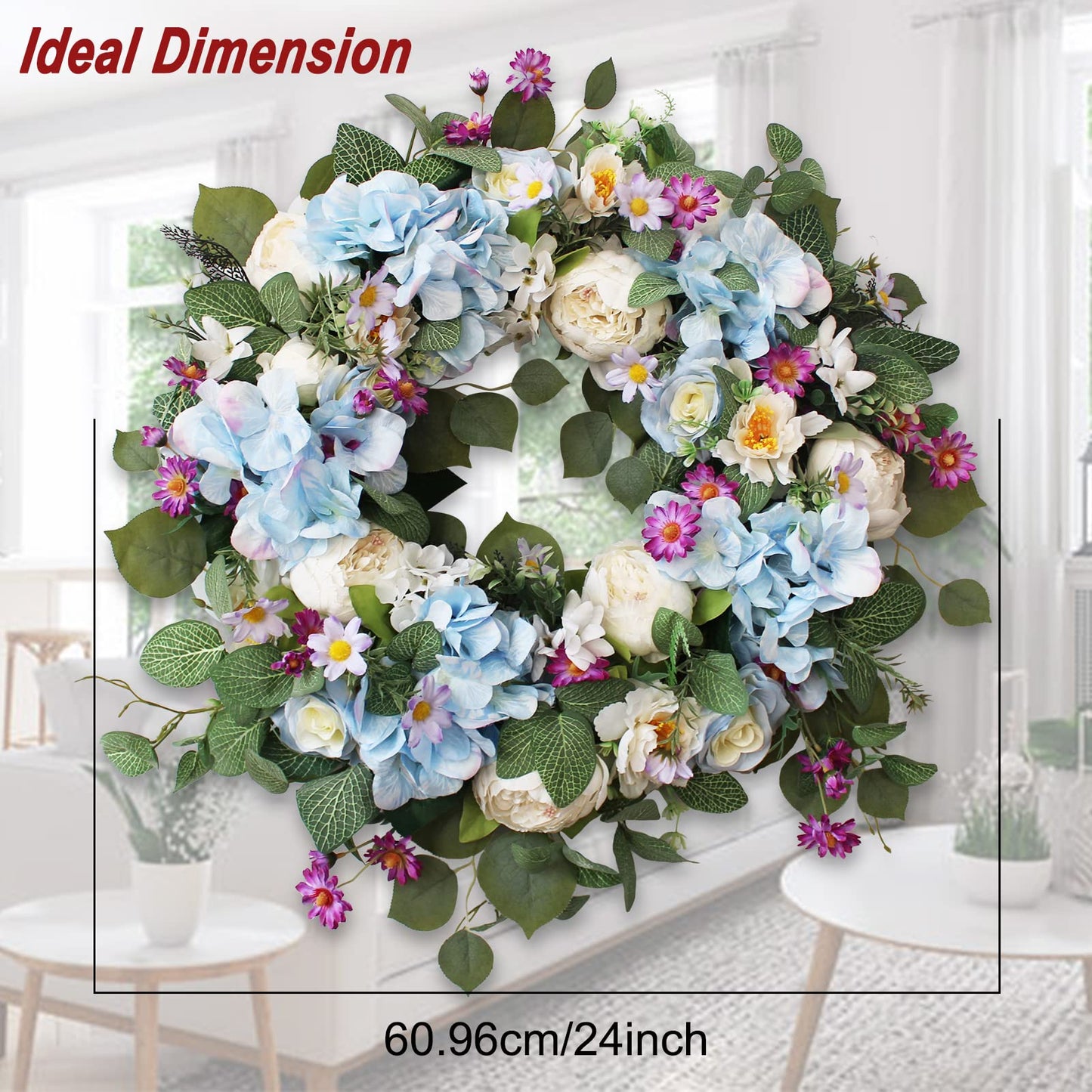 24 Inch Spring Wreaths for Front Door, Spring Wreath,Blue Hydrangea Wreath,Large Spring Summer Door Wreaths for Front Door Outside All Season Home Decor (Blue)