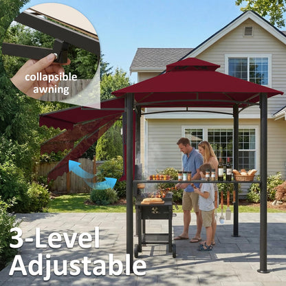CHARMELEON 8x8 FT Grill Gazebo,Grill Canopy with Big Awning&2 Side Shelves&6 Hooks,Powder-Coated Steel BBQ Shelter for Patio Backyard Outdoor Grilling-Burgundy