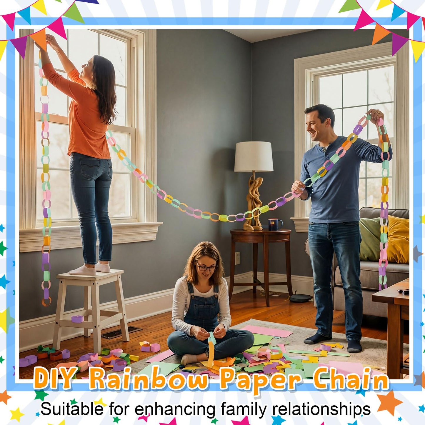 Maitys 500 Sheets Paper Chain Strips and Mirror Star Garland 13 Feet Paper Crafts Banner with Double Sided Tape for Crafting Birthday Wedding Festival Theme Party Decor (Groovy,0.79 x 8.27 Inches)