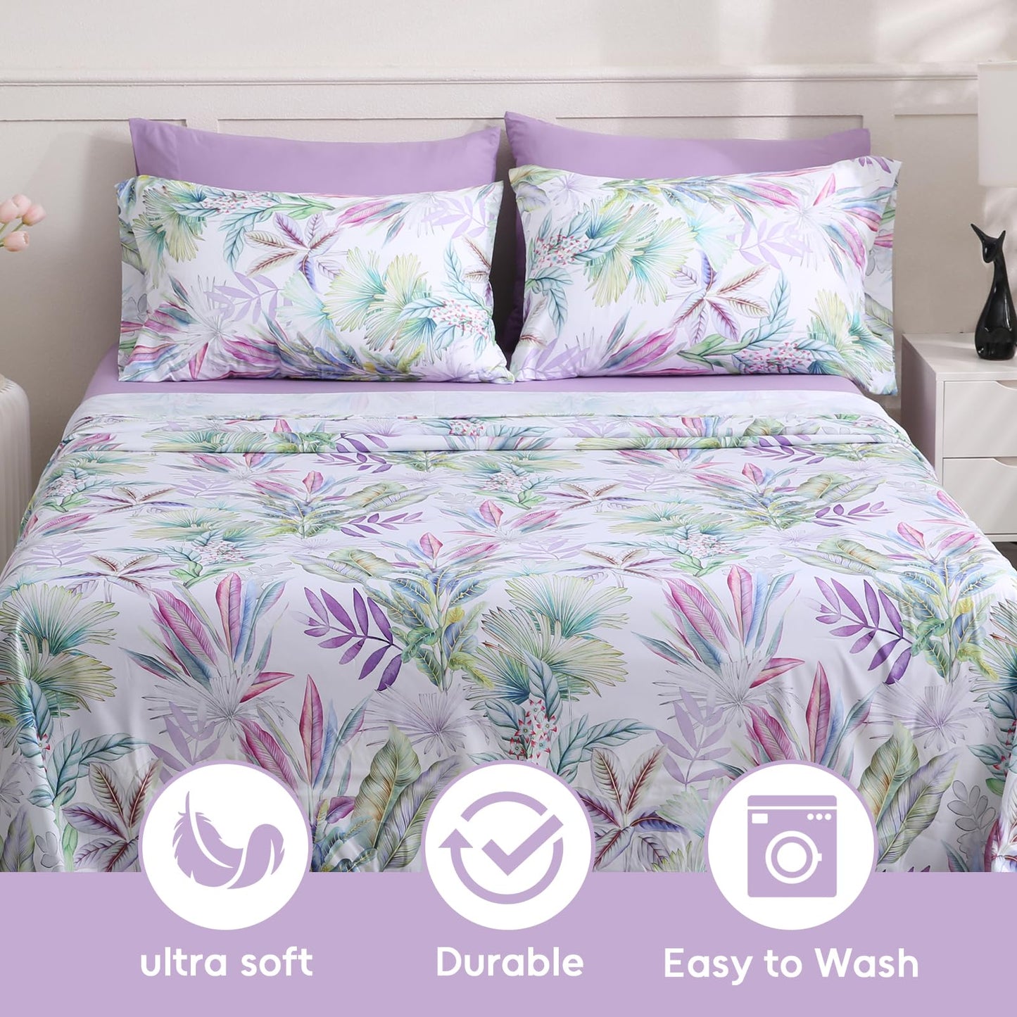 LONAVA Botaincal Queen Size 6 Pcs Sheet Set, Breathable Microfiber Deep Pocket Lavender Fitted Sheets, Comfy & Breathable Patterned Flat Sheets,4 Gentle Soft Pillowcases, Tropical