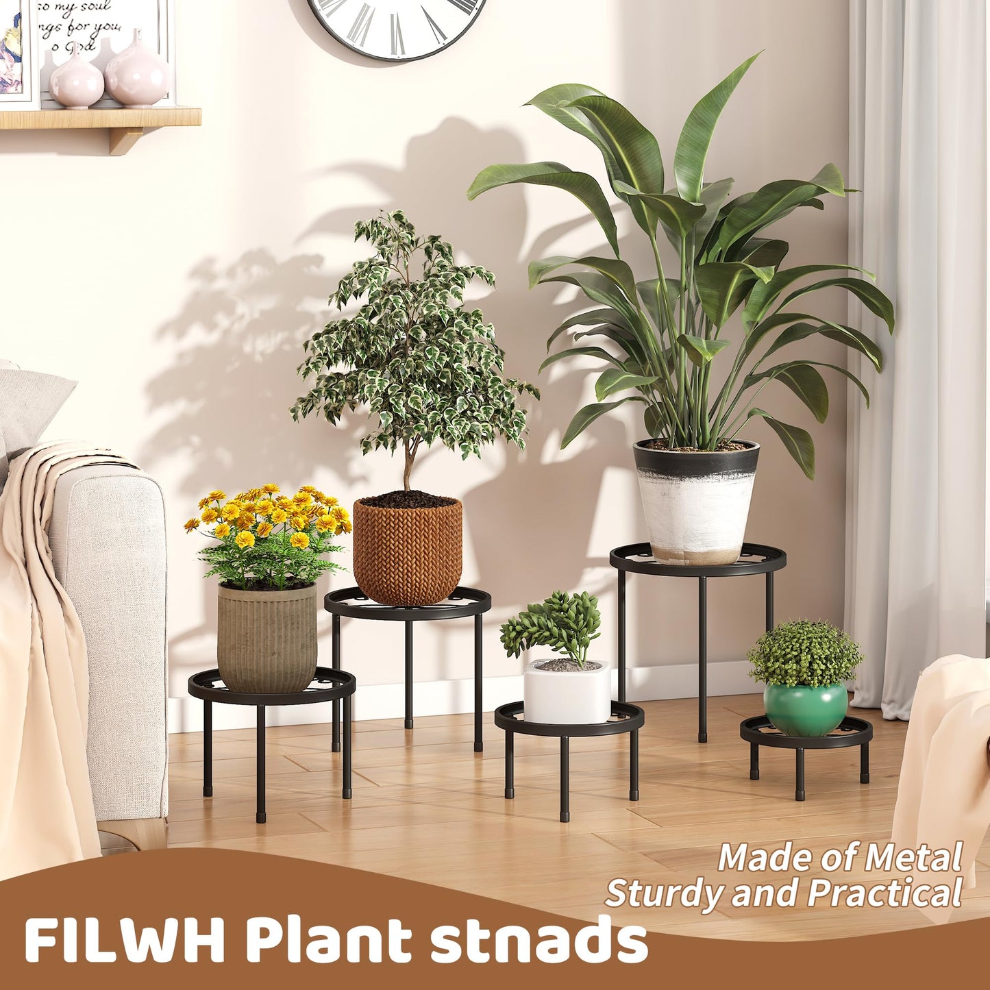 Plant Stand Indoor Outdoor 5 Pack Heavy Duty Metal Stand Multiple Plants, Anti-Rust Iron Flower Pot Stand Decoration Racks Plant Pot Shelf for Living Room Garden Balcony (Black)