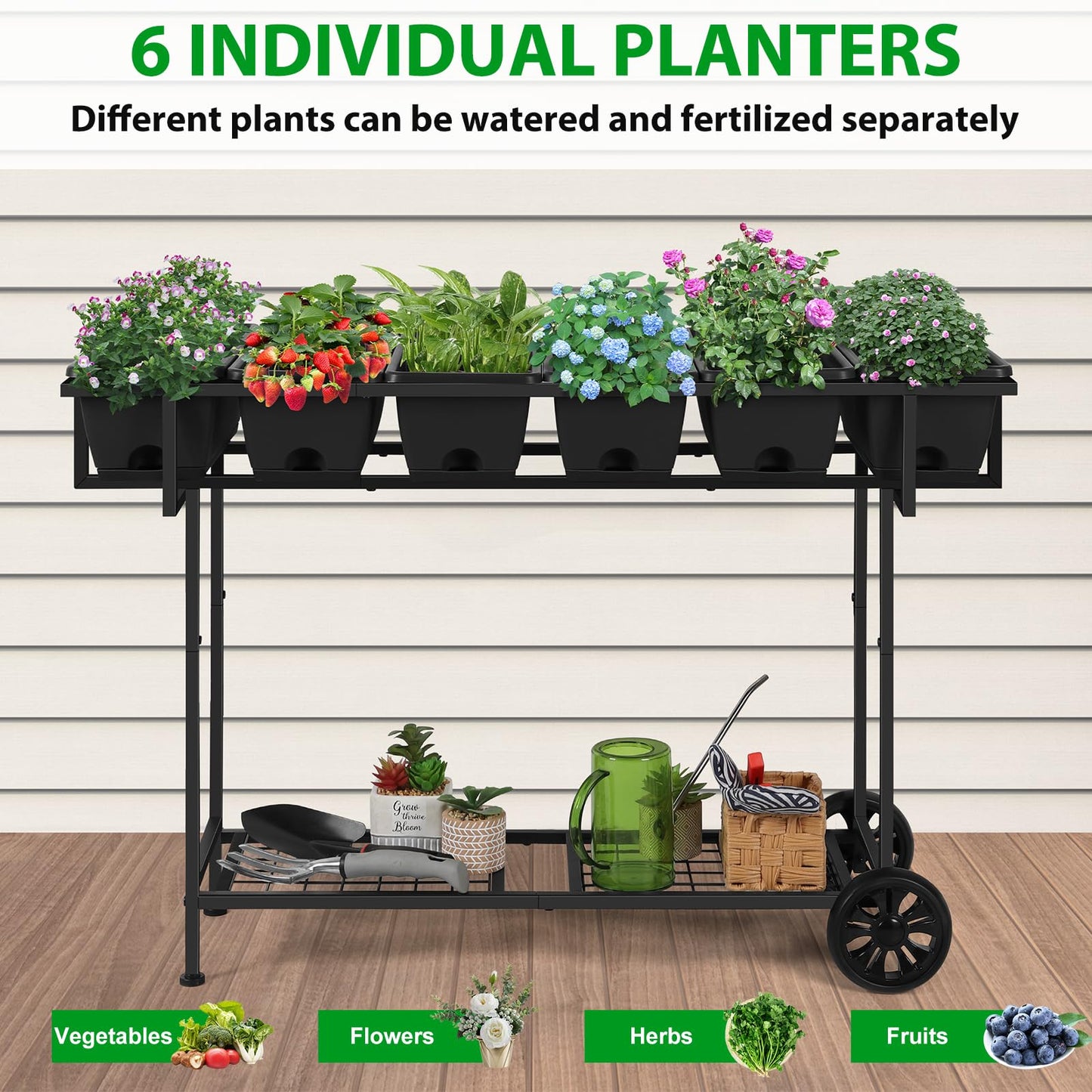 Vrisa Plastic Raised Garden Bed Outdoor with Legs 43x17x29 in Elevated Standing Planter Box with Storage Shelf and Wheels Vegetables Herbs Flowers Gardening Boxes for Backyard, Patio, Balcony, Black