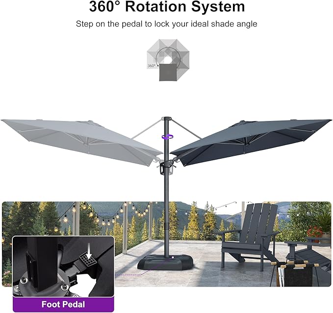 PURPLE LEAF 8' X 8' Tilting Patio Umbrella with Base Outdoor Cantilever Swivel Square Umbrella with Tilt Aluminum Offset Umbrella with 360-degree Rotation for Garden Deck Pool Patio Grey
