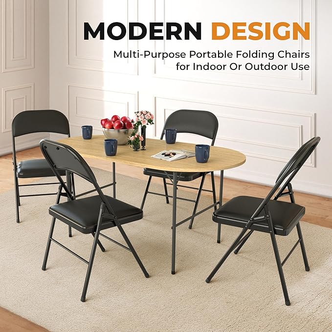 4 Pack Leather Chair | Foldable & Stackable | 350 lbs Capacity Steel Frame Seats for Indoor or Outdoor | Commercial Use Events Wedding Party Events Bulk Picnic Kitchen Dining - Black