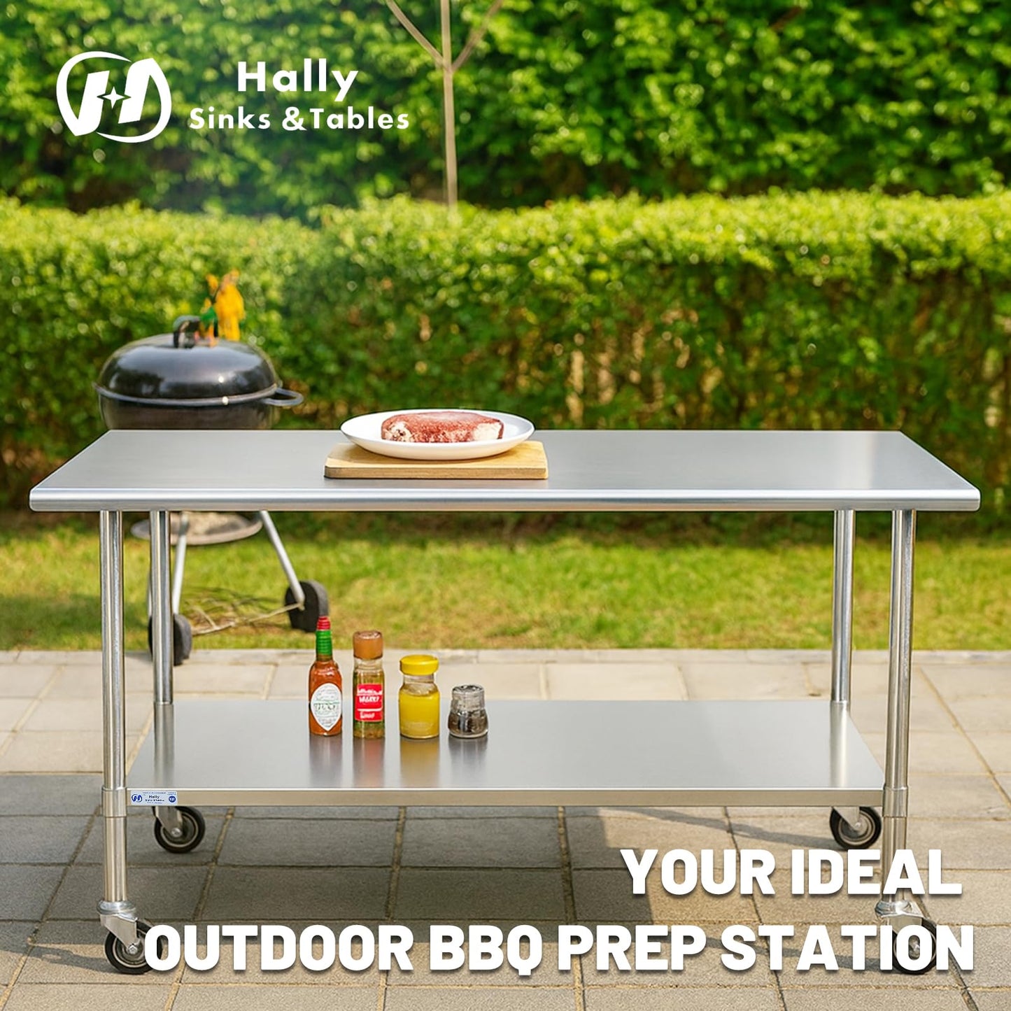 Hally Stainless Steel Table for Prep & Work 30 x 36 Inches with Caster Wheels, NSF Commercial Heavy Duty Table with Undershelf and Galvanized Legs for Restaurant, Home and Hotel
