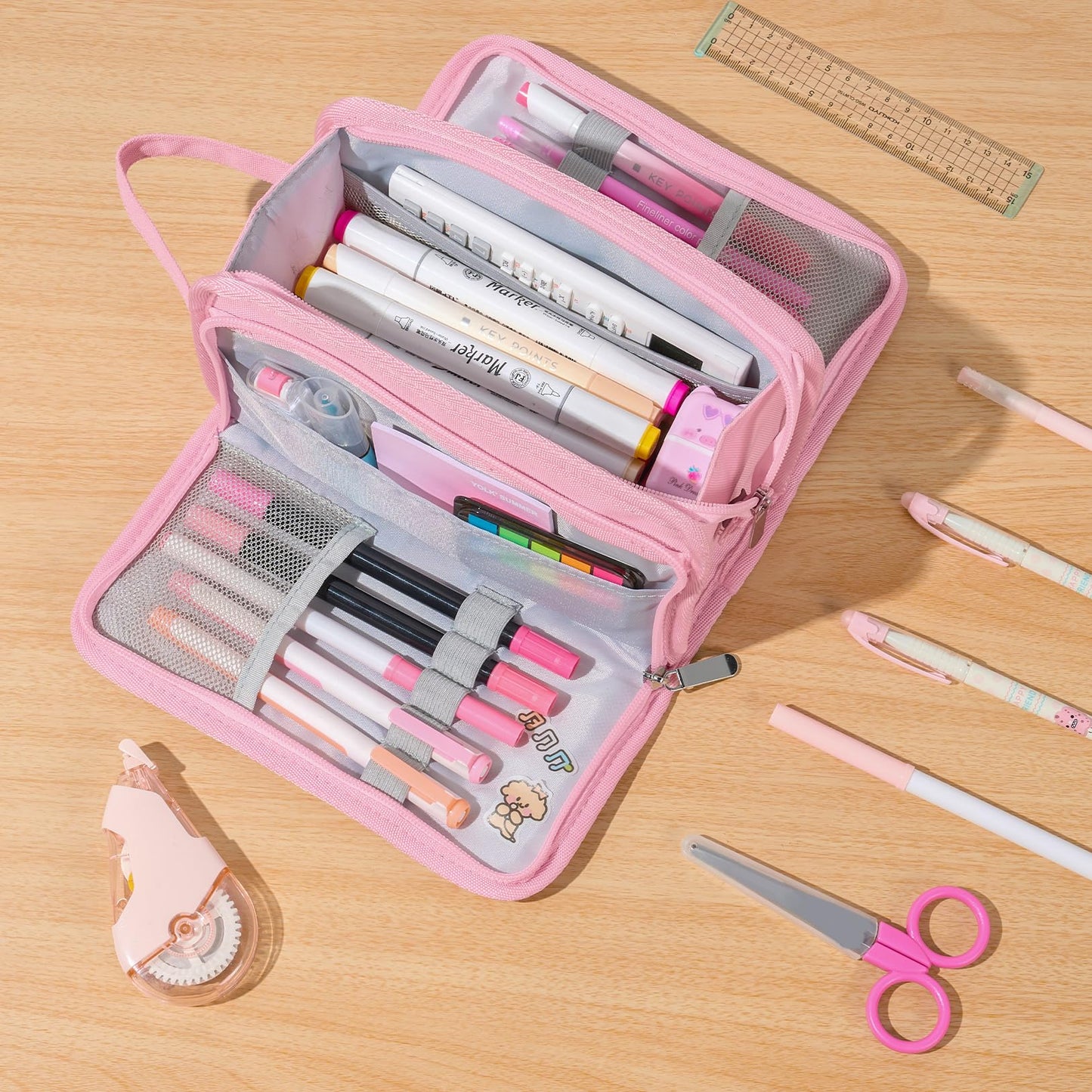 Sooez Large Pencil Case, Big Capacity Pencil Pouch Pen Bag with 3 Compartment, Portable Canvas Stationery Organizer with Zipper, Cute Aesthetic School Supplies for Teen Girls, Sky Blue with Plaid