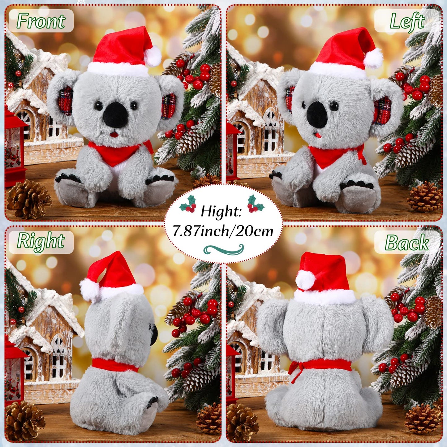 Threan 8 Inch Christmas Stuffed Animal Christmas Plush Doll with Santa Hat for Holiday Decoration Winter Gifts(Koalas Style)
