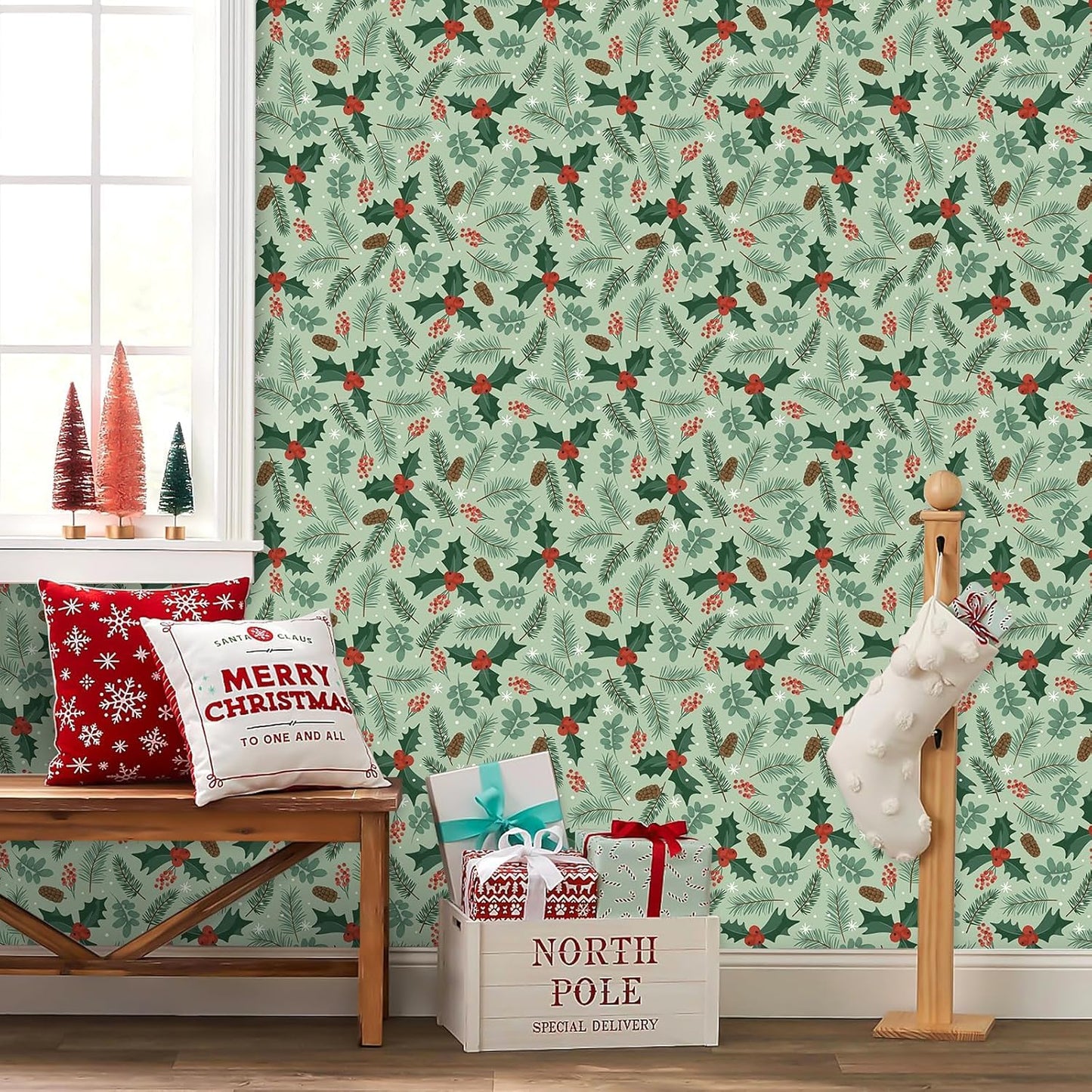 TOARTi Christmas Wallpaper Peel and Stick Green Leaves Christmas Contact Paper for Cabinets Bedroom Xmas Backdrop for Winter New Year Xmas Party Decor
