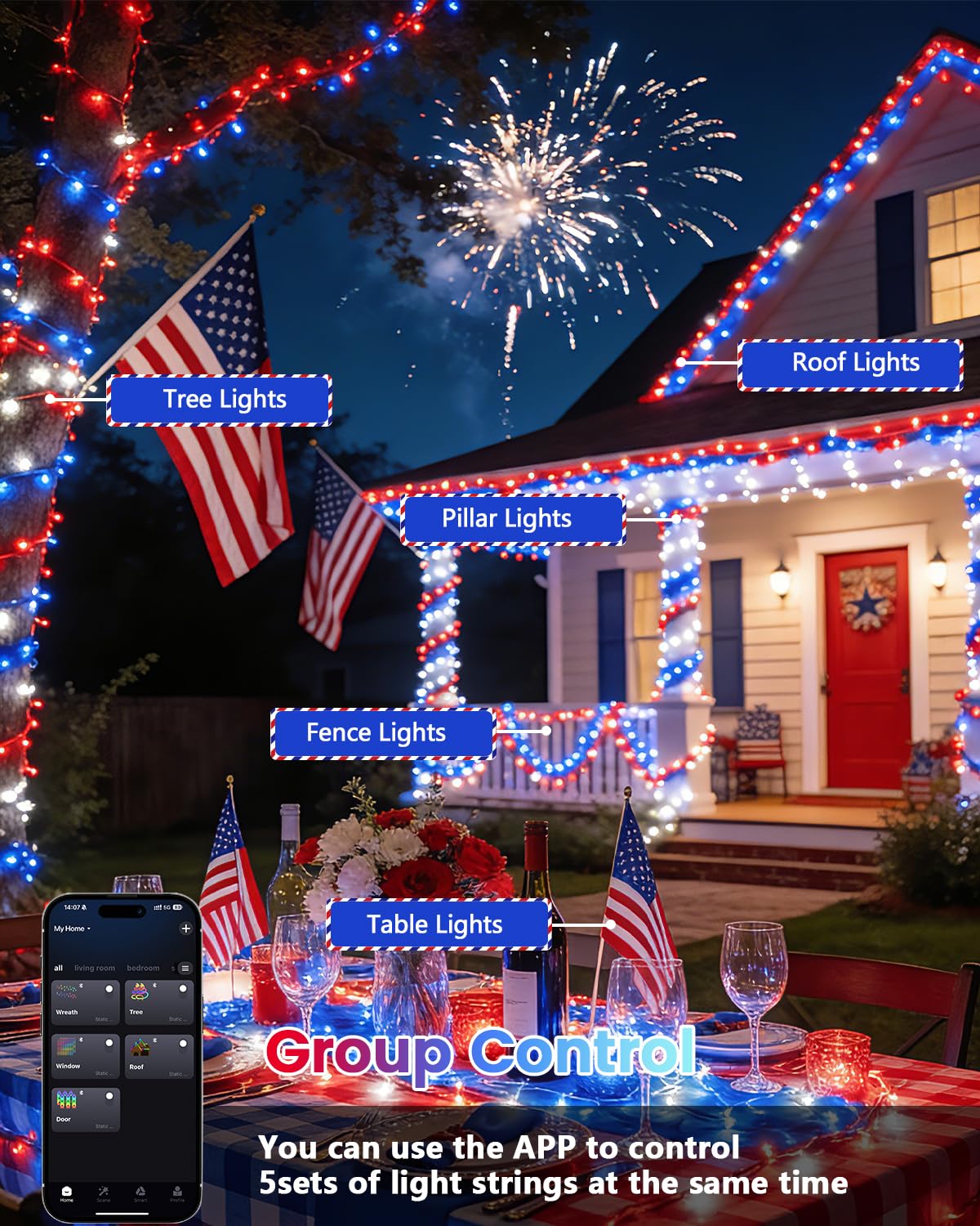600LED Smart 4th of July String Lights | 206FT App Controlled Red White and Blue American Flag Lights, Waterproof Patriotic RGB Color Changing String Lights with Remote & Timer Outdoor for Memory Day