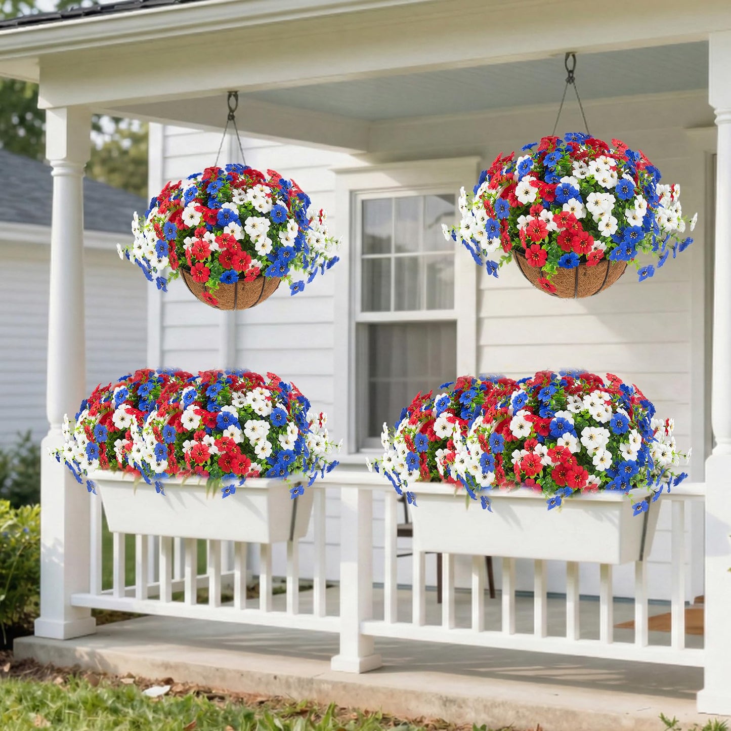 Hananona 2 Set Artificial Outdoor Flowers with Hanging Basket, 2 Hanging Planters with 24 Pcs Patriotic Flowers for Summer Front Porch Patio 4th of July Decor (Red, White, Blue)