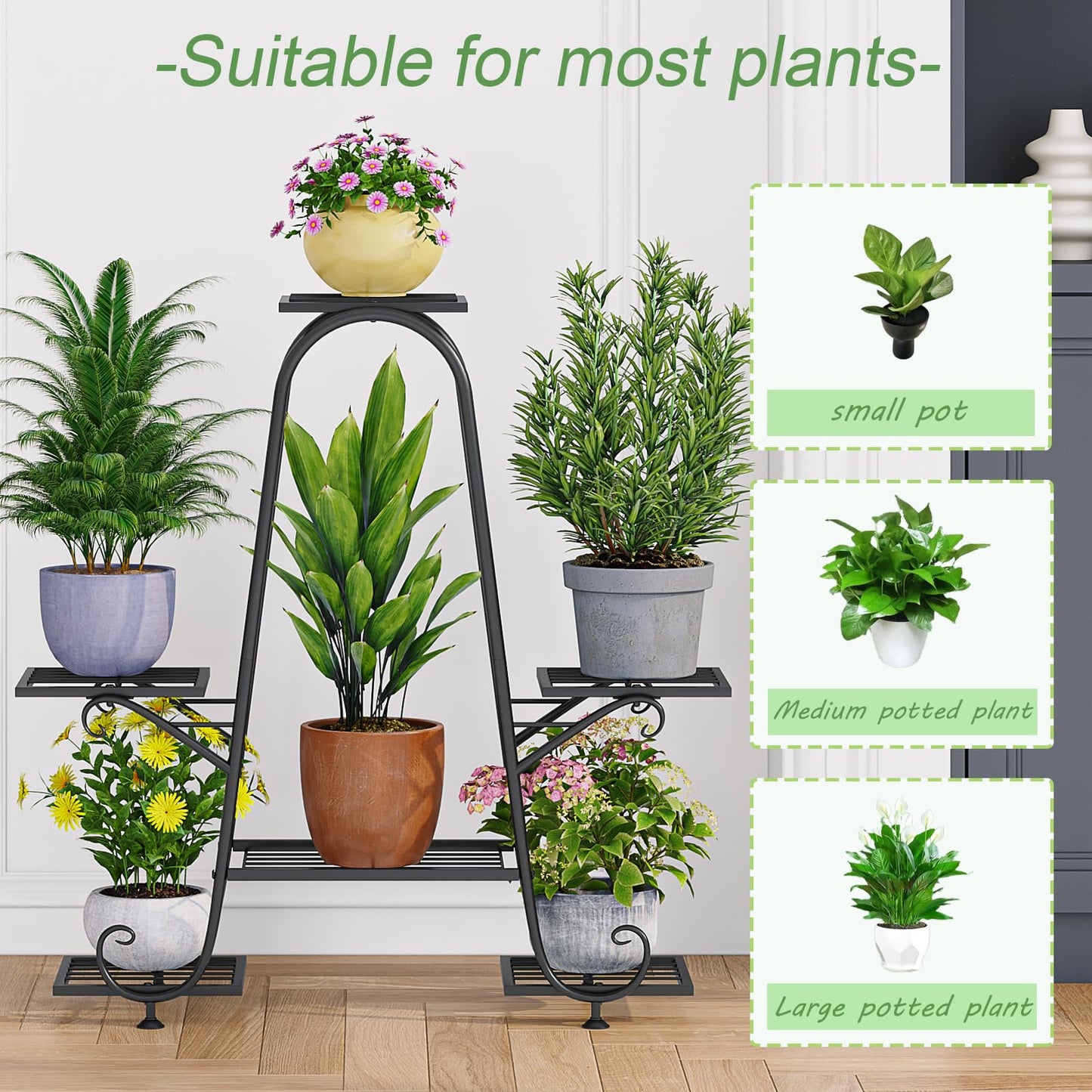 INGIORDAR Plant Stand Indoor Outdoor Shelf Metal Holder Pot Rack Multiple Plants Stand Tall 6 Pot Flower Shelf Corner Living Room Garden,Black (Black, 6 Pots)