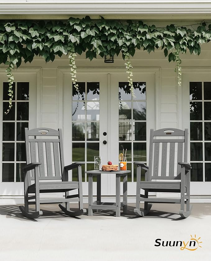 Oversized Outdoor Rocking Chair Set of 4, High Back Porch Rocker Chair, HDPE Rocking Chairs for Patio, Living Room, Light Grey