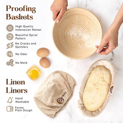 Banneton Bread Proofing Basket Set – Sourdough Bread Making Kit with Handcrafted 9″ Round & 10″ Oval Rattan Baskets and Professional Sourdough Tools