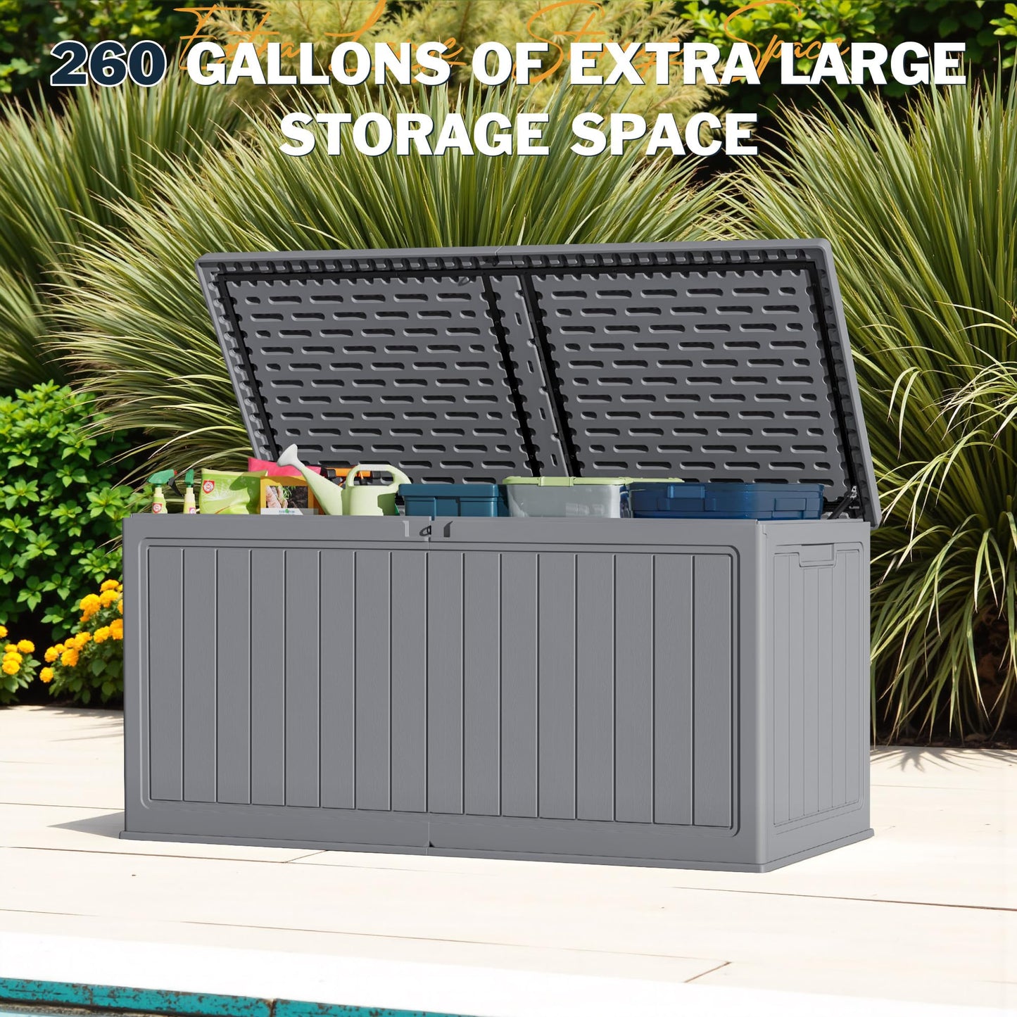 Greesum 260 Gallon HDPE Outdoor Storage Box - Waterproof, Large Capacity Deck Box with Removable Dividers for Patio, Yard, Garden Tools, Light Grey