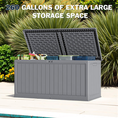 Greesum 260 Gallon HDPE Outdoor Storage Box - Waterproof, Large Capacity Deck Box with Removable Dividers for Patio, Yard, Garden Tools, Light Grey