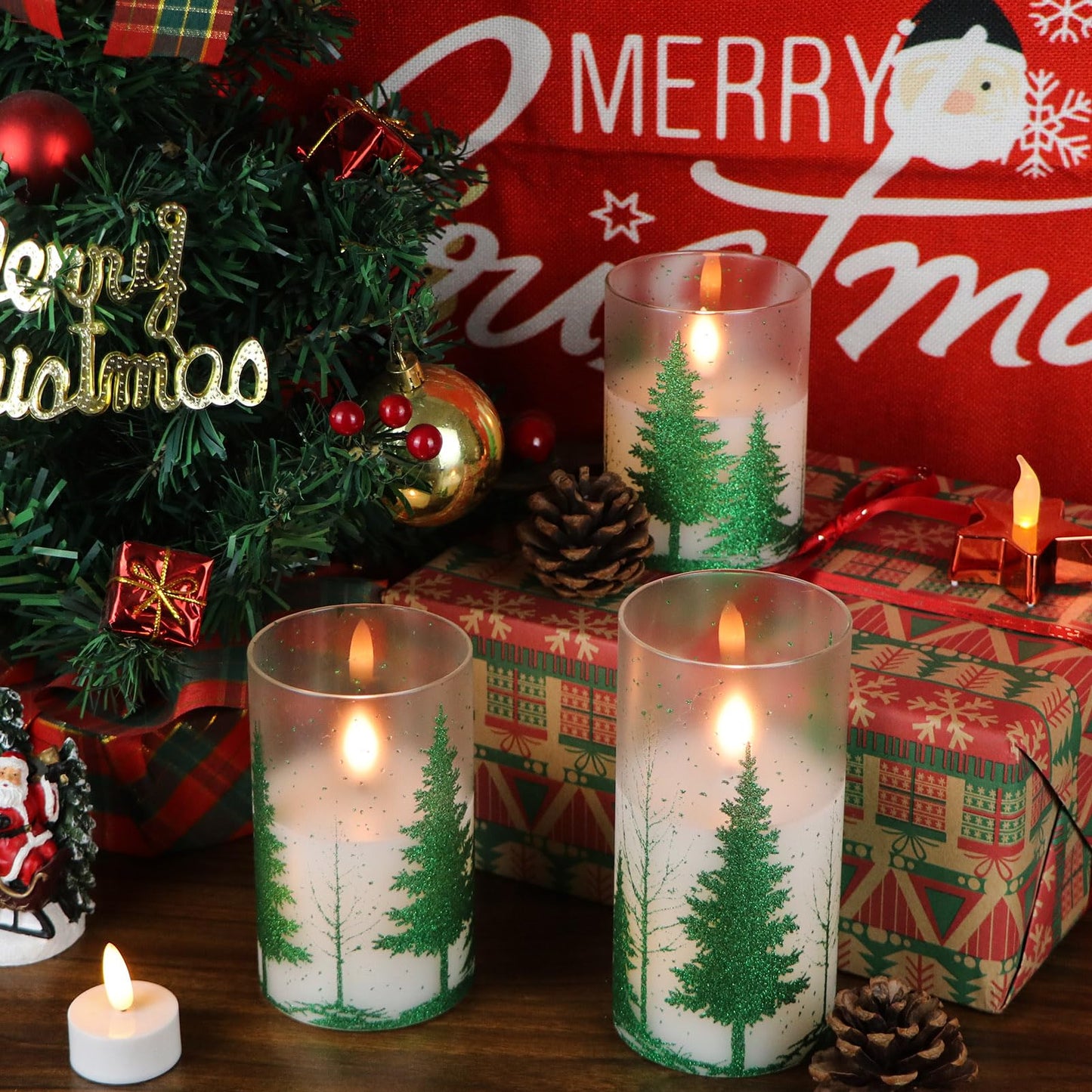 Wondise Glass Flickering Flameless Candles with Remote and Timer, Battery Operated 3D Wick LED Candles Christmas Tree for Christmas Holiday Home Decoration, Set of 3(D3 x H4,5,6 Inch)